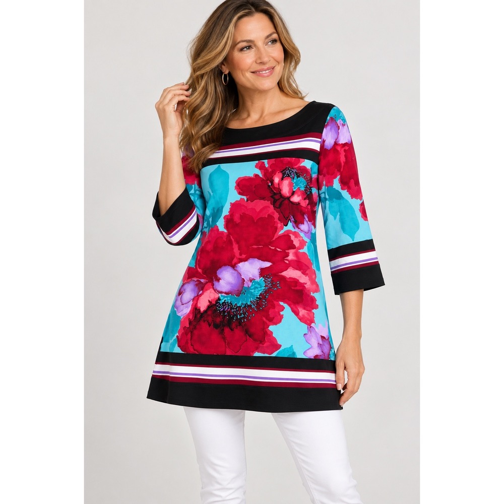 Eva Varro Easy Framed Tunic Floral 3/4 Sleeve Top Wearable Art Medium NEW